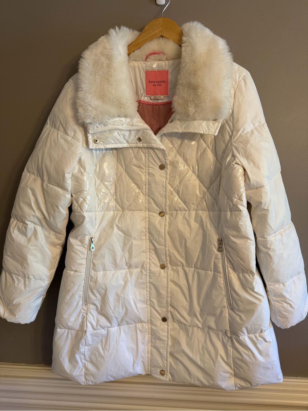 Kate Spade New York White Faux Fur Collar Quilted Puffer Coat Jacket Large